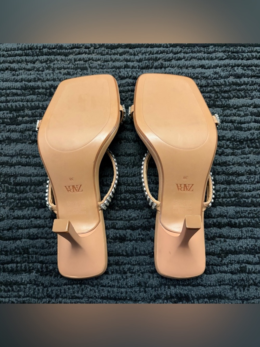 Zara Size 38 Tan/Nude Rhinestone Embellished Strappy Square Toe Sandal - Picture 5 of 6